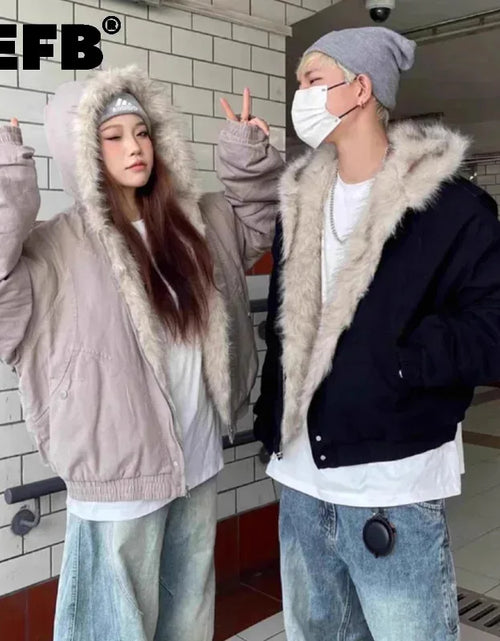 Load image into Gallery viewer, IEFB Thick Men&#39;s Padded Coats Casual Fur Collar Hooded Korean Style Solid Color Fleece Winter Loose Male Jacket Trend New 9C8612
