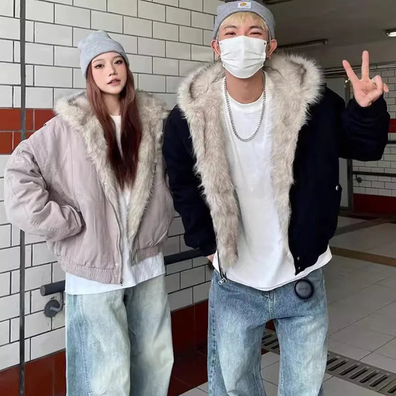 IEFB Thick Men's Padded Coats Casual Fur Collar Hooded Korean Style Solid Color Fleece Winter Loose Male Jacket Trend New 9C8612