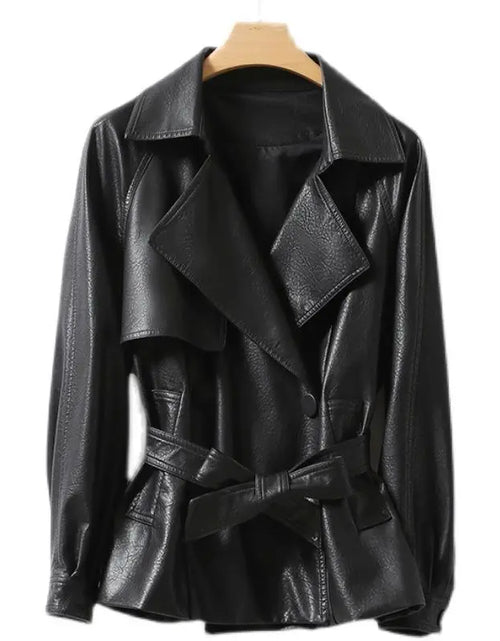 Bild in Galerie-Viewer laden, Modische Echtlederjacke für Damen Taillengebunden Lockere Version Frühling Herbst Schwarz Braun Lässig Stilvoll Ästhetik
