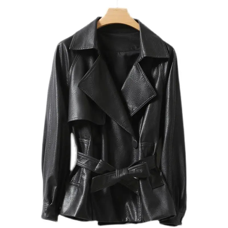 Modische Echtlederjacke für Damen Taillengebunden Lockere Version Frühling Herbst Schwarz Braun Lässig Stilvoll Ästhetik