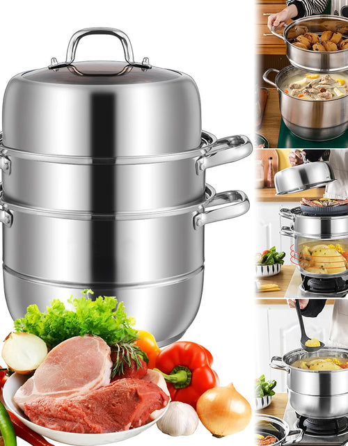 Load image into Gallery viewer, 11inch 3 Tier Food Steamer Pot Stainless Steel Soup Steam Pot Universal Cooking Pots for Induction Cooker Gas Stove Steam
