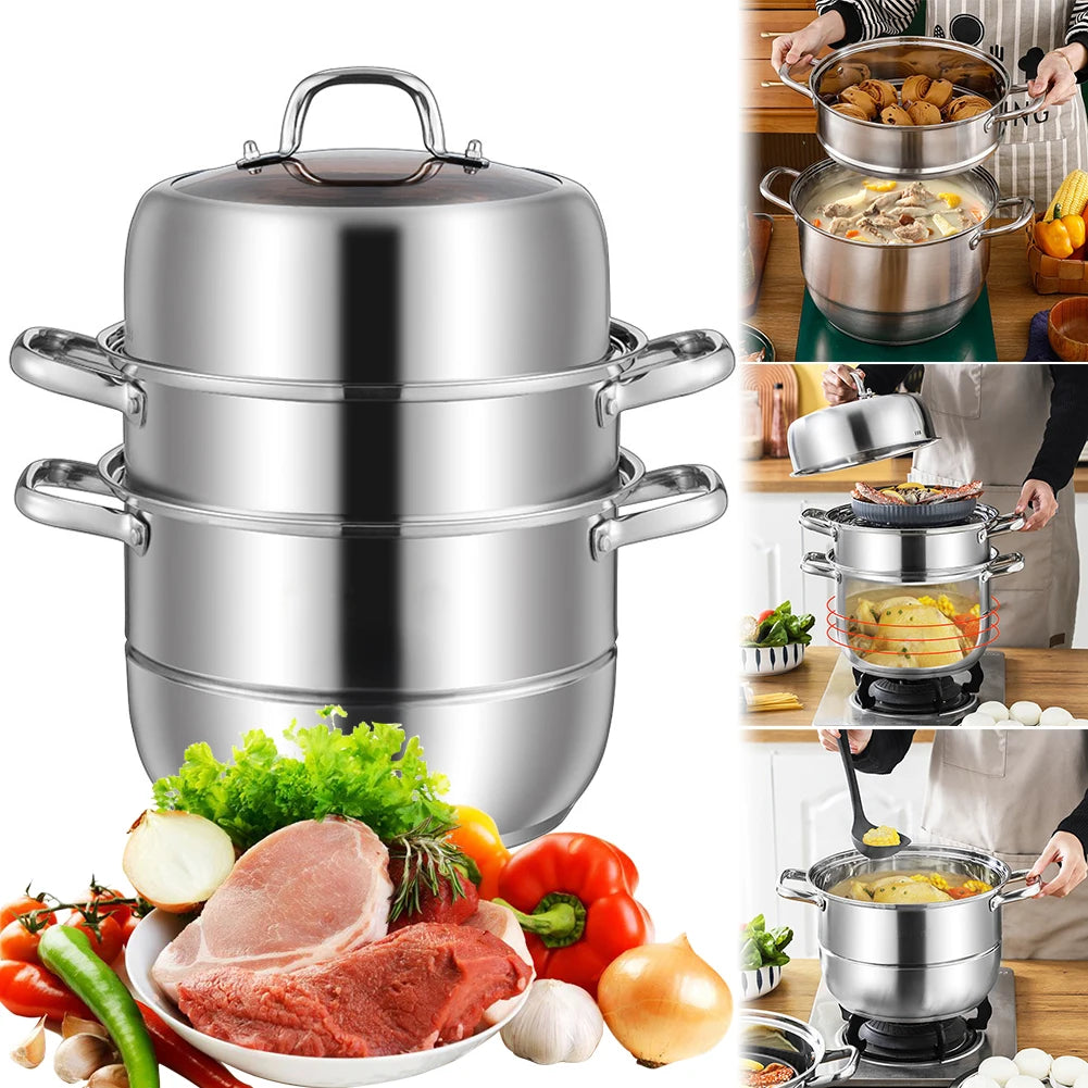 11inch 3 Tier Food Steamer Pot Stainless Steel Soup Steam Pot Universal Cooking Pots for Induction Cooker Gas Stove Steam