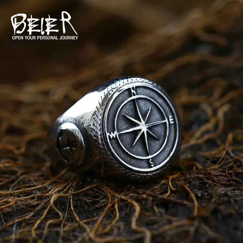 Beier New Store 316L Stainless Steel Viking Cross Compass Runic Pirate Men's Ring Nautical Fashion Jewelry Dropshipping BR8-108R