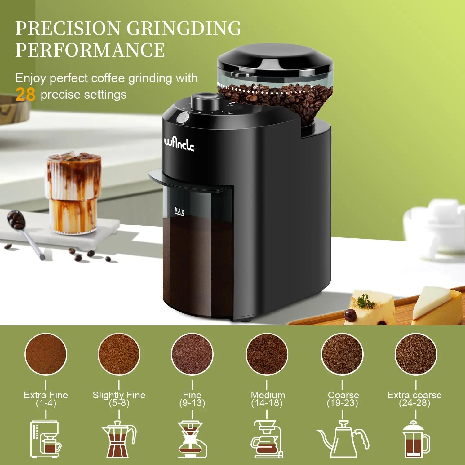 Wancle Automatic Burr Mill Coffee Grinder with 28 Grind Settings Electric Coffee Bean Grinding for Espresso Frech Press 2-12 Cup