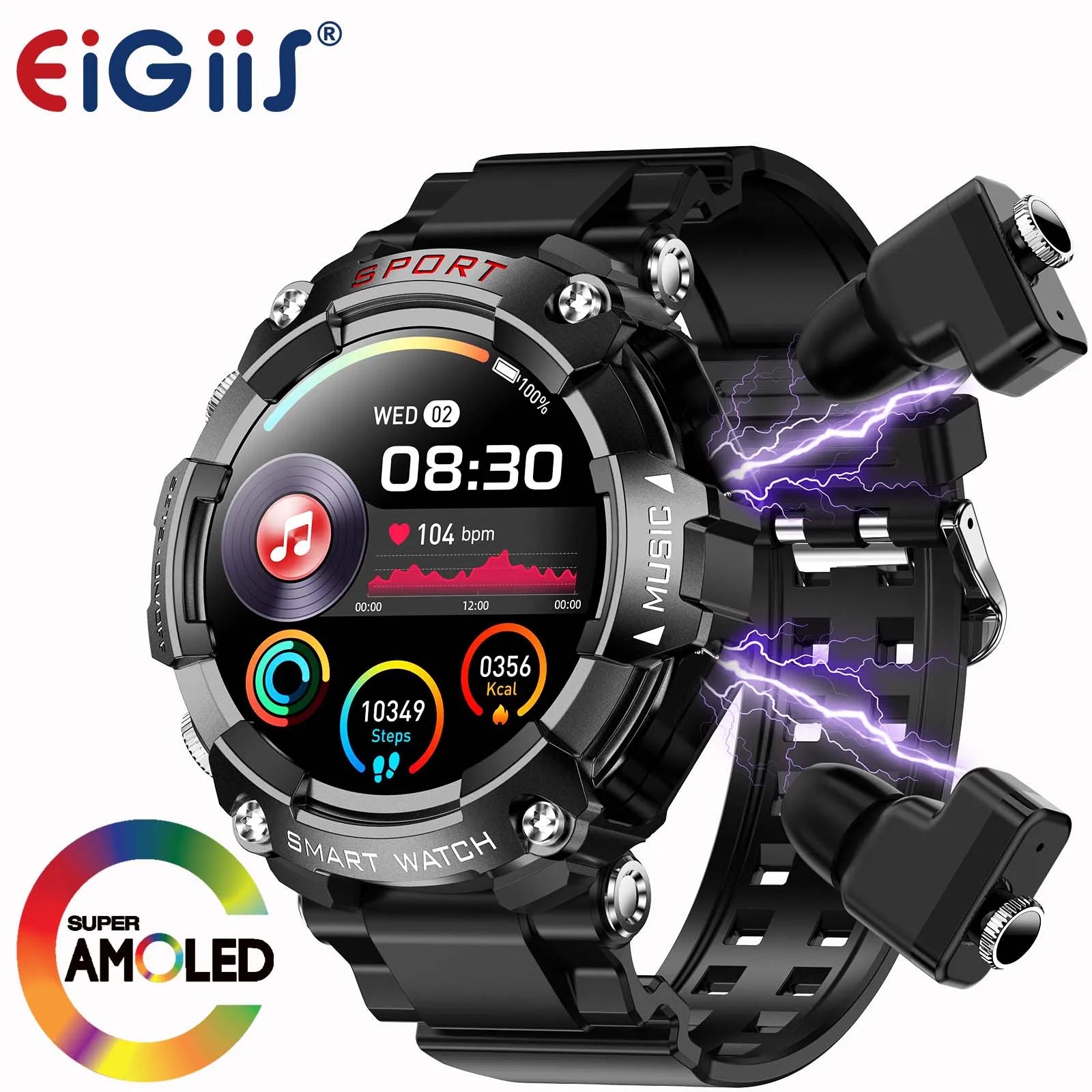 EIGIIS Smart Watch AMOLED-Display mit In-Ear-Bluetooth-Headset, Überwachung der Herzfrequenz, des Blutdrucks und der Sauerstoffsättigung, HD-Audio