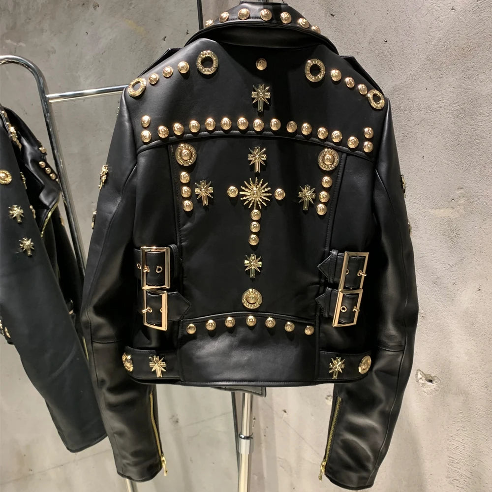 Leather Jacket Rivet High Street Ladies Autumn and Spring Fashion Wear Genuine Sheepskin Jacket 5860