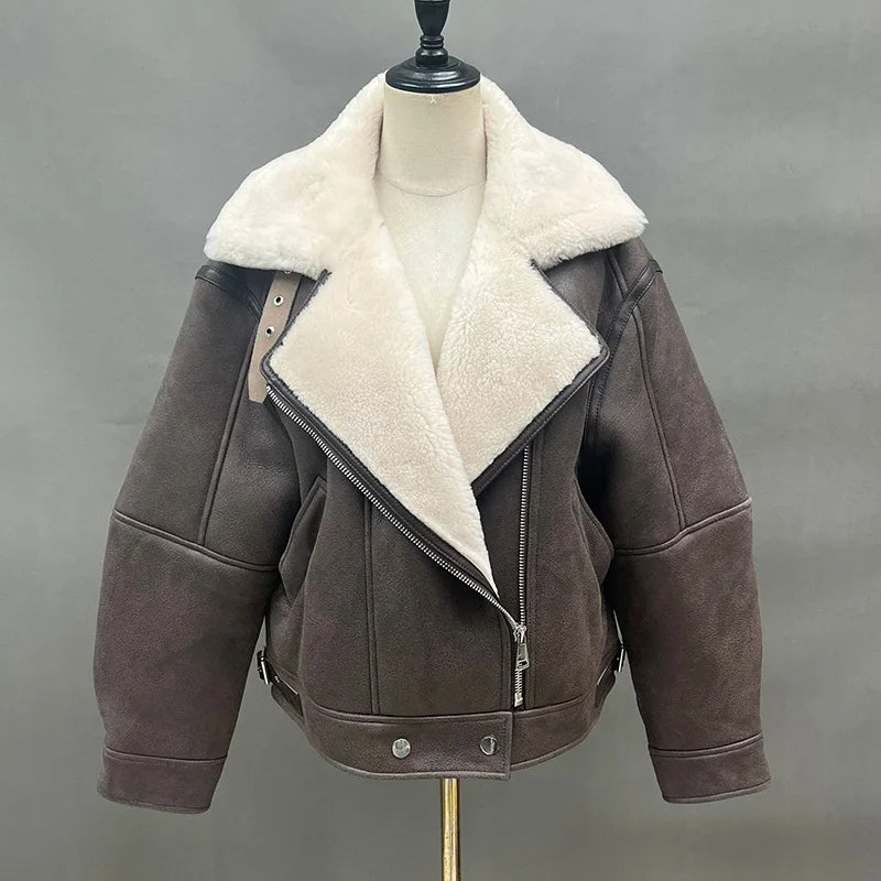 Hochwertige Lammfelljacke Damenmode Schaffell Leder Echtwolle gefüttert Dicker warmer Wintermantel