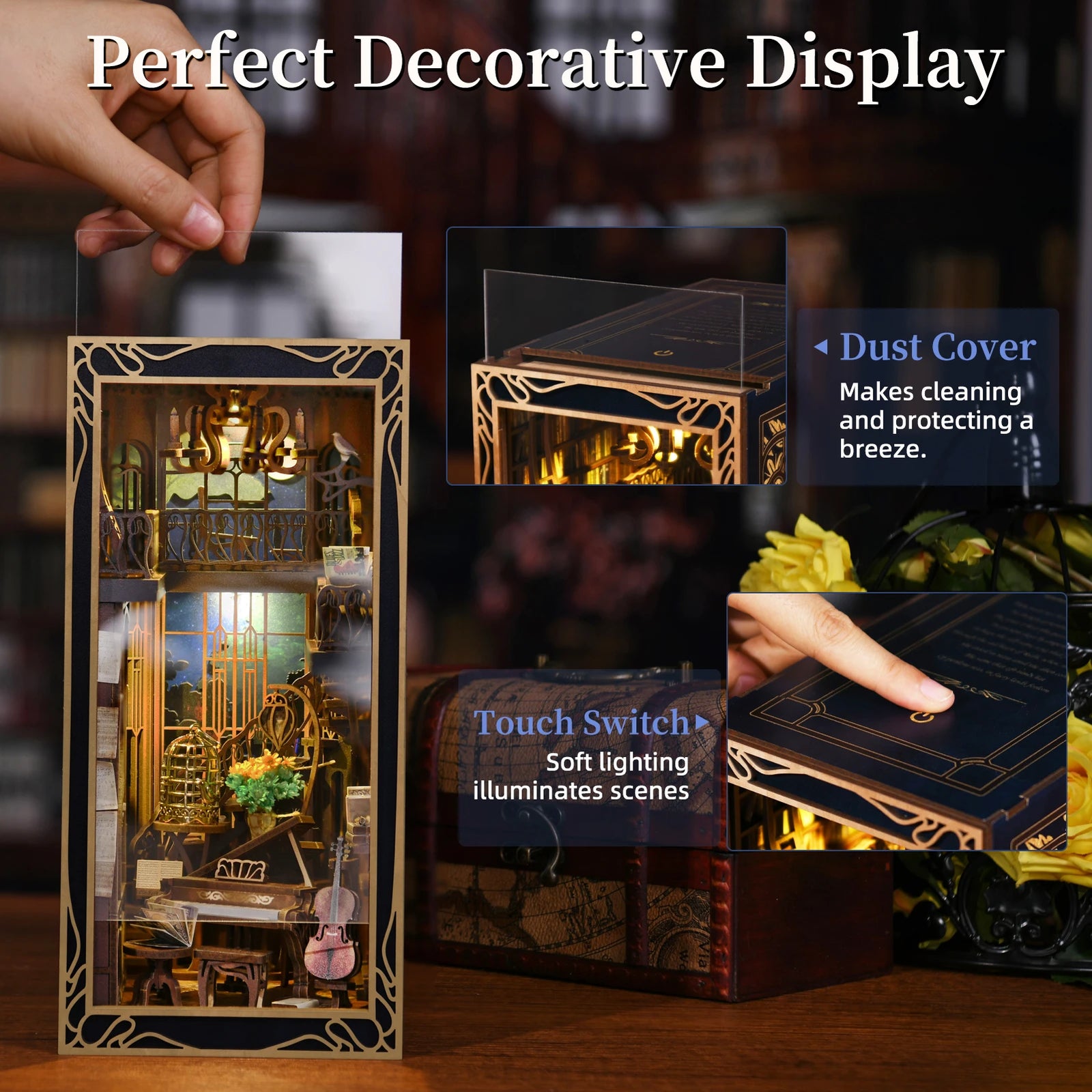 DIY Book Nook Kit, Miniature Dollhouse Booknook Kit, 3D Wooden Puzzle Bookend Bookshelf Insert Decor with LED Light for Teens an