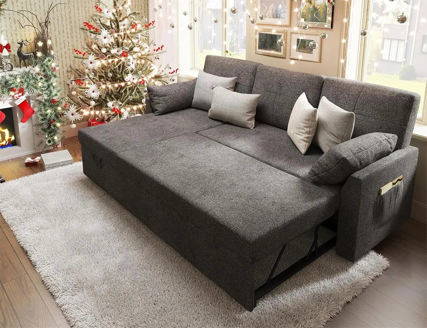 Chaise longue con espacio de almacenaje para sala de estar, sofá cama con cama extraíble, sofá de lino gris