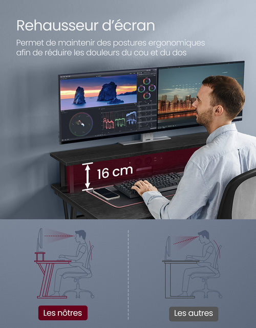 Cargar imagen en el visor de la galería, Mesa de juego VASAGLE con iluminación LED, escritorio con regleta de enchufes incorporada, escritorio para computadora, soporte para 2 monitores, dormitorio
