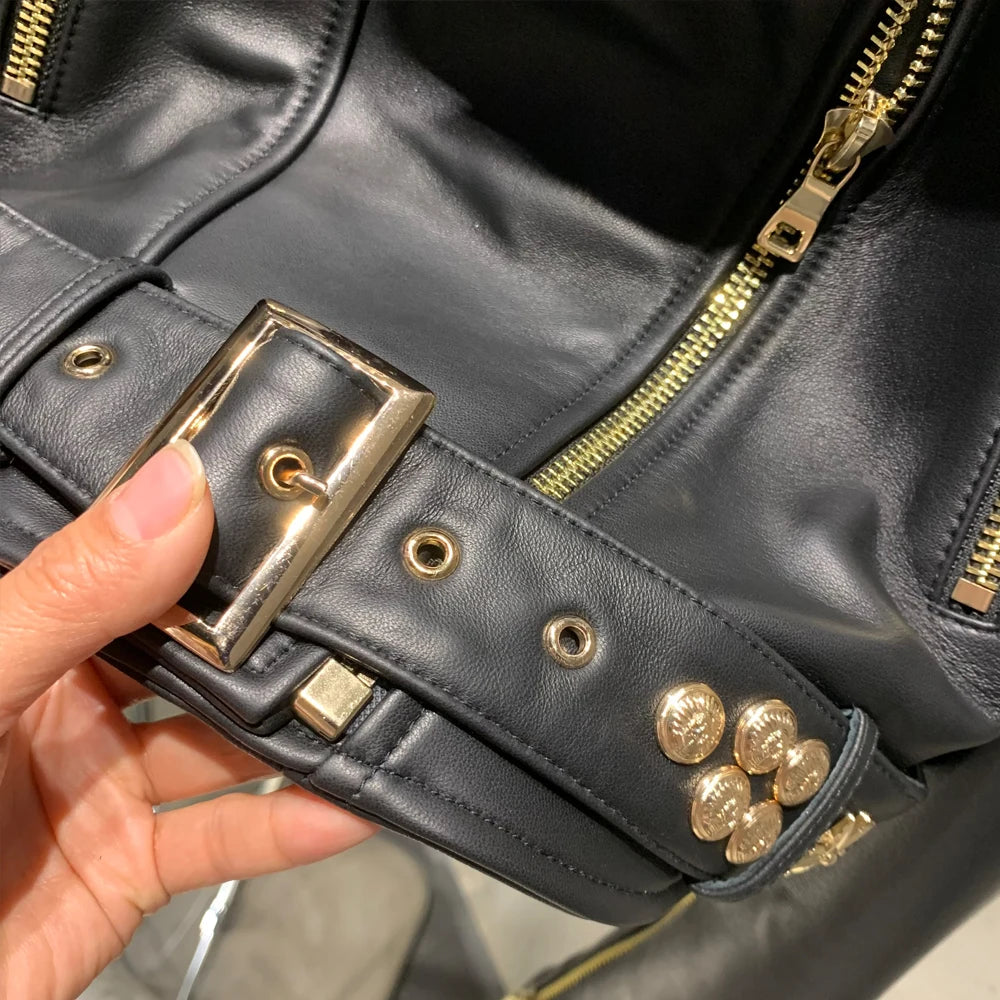 Leather Jacket Rivet High Street Ladies Autumn and Spring Fashion Wear Genuine Sheepskin Jacket 5860