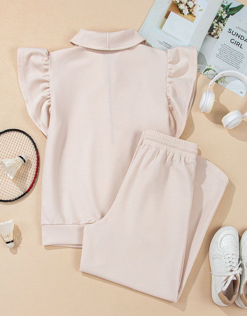 Bild in Galerie-Viewer laden, Pink Textured Ruffle Sleeve Zipped Top and Wide Leg Pants Set
