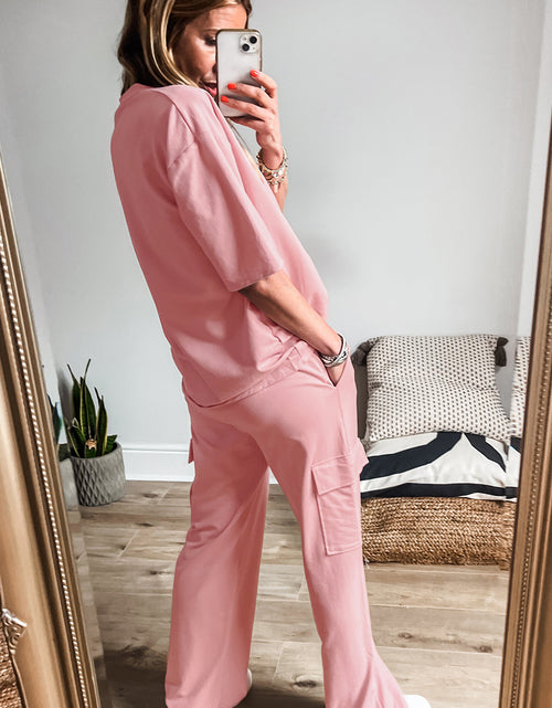 Load image into Gallery viewer, Apricot Pink Half Sleeve T-Shirt &amp; Cargo Sweatpants Set
