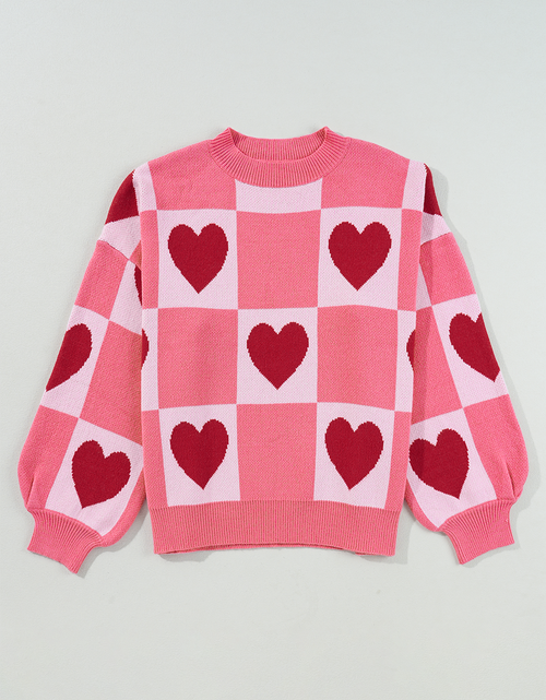 Cargar imagen en el visor de la galería, Pink Love Heart Checkered Valentine Knit Sweater
