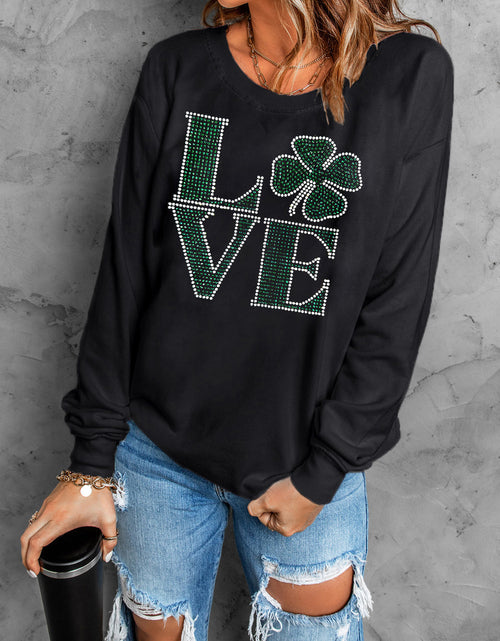 Load image into Gallery viewer, Black St Patricks Day Rhinestone LOVE Letter Graphic Crewneck Sweatshirt

