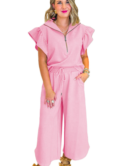 Bild in Galerie-Viewer laden, Pink Textured Ruffle Sleeve Zipped Top and Wide Leg Pants Set
