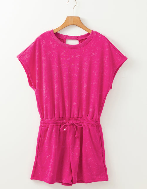 Load image into Gallery viewer, Rose Red Mineral Wash Drawstring Waist Backless Short Sleeve Romper

