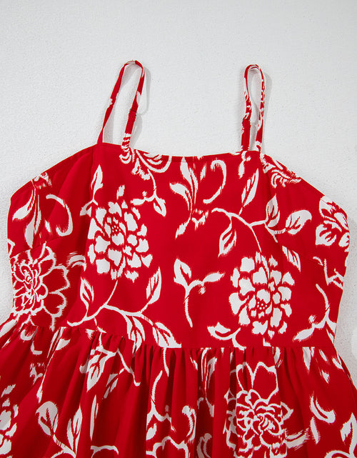 Load image into Gallery viewer, Red Floral Print Spaghetti Strap Empire Waist Maxi Dress

