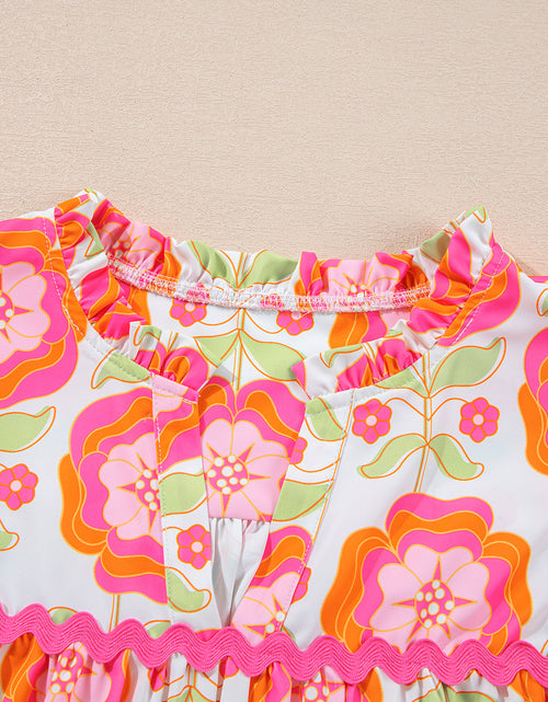 Load image into Gallery viewer, Rose Boho Floral Print Ricrac Ruffle Sleeve Blouse
