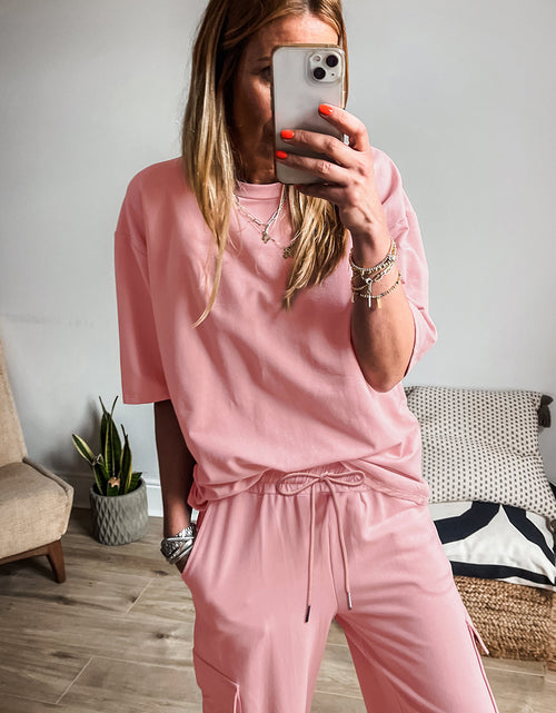 Load image into Gallery viewer, Apricot Pink Half Sleeve T-Shirt &amp; Cargo Sweatpants Set
