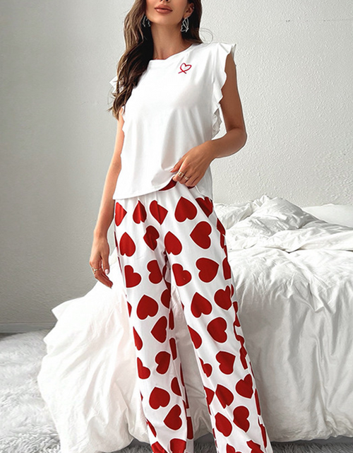Load image into Gallery viewer, Pink Heart Print Ruffle Sleeveless Top and Pants Pajama Set
