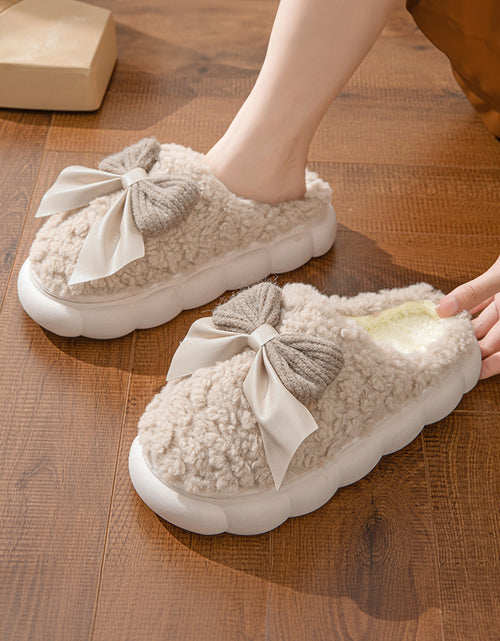 Bild in Galerie-Viewer laden, Pink Contrast Bowknot Applique Plush Winter Slippers
