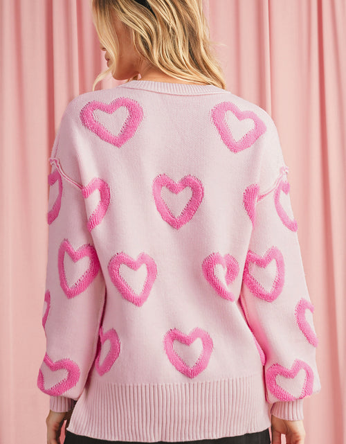 Cargar imagen en el visor de la galería, Pink Heart Shape Bubble Sleeve Baggy Sweater
