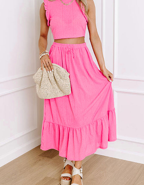 Bild in Galerie-Viewer laden, Bonbon Textured Ruffle Trim Crop Top and Drawstring Skirt Set

