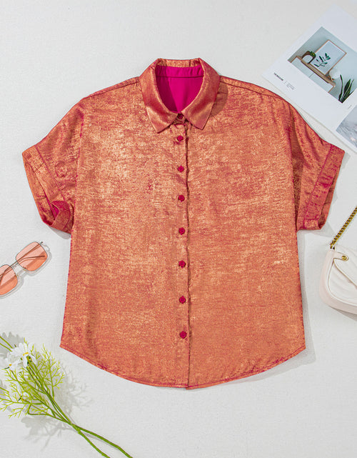 Bild in Galerie-Viewer laden, Rose Red Metallic Sheen Short Sleeve Plus Size Shirt
