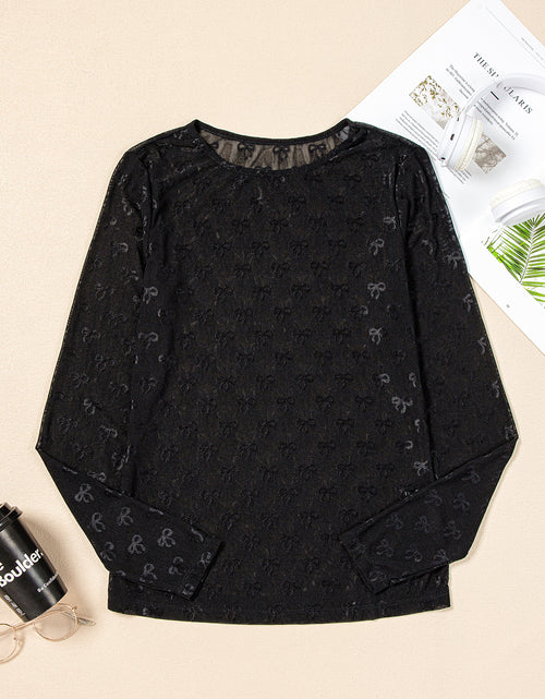 Load image into Gallery viewer, Pink Bow Pattern Long Sleeve Slim Fit Mesh Top

