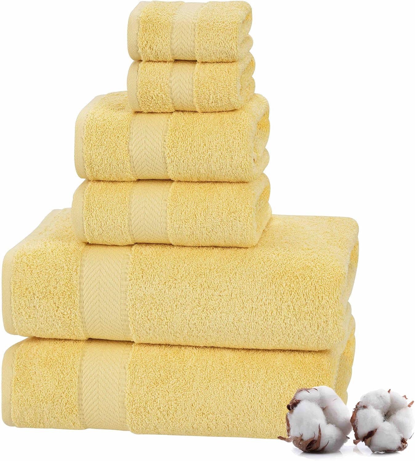 100% Turkish Cotton 6 Piece Luxury Towel Set for Bathroom & Kitchen, Thick & Super Soft & Highly Absorbent & Quick Dry ( 2 Bath Towels, 2 Hand Towels, 2 Washcloths )- Yellow