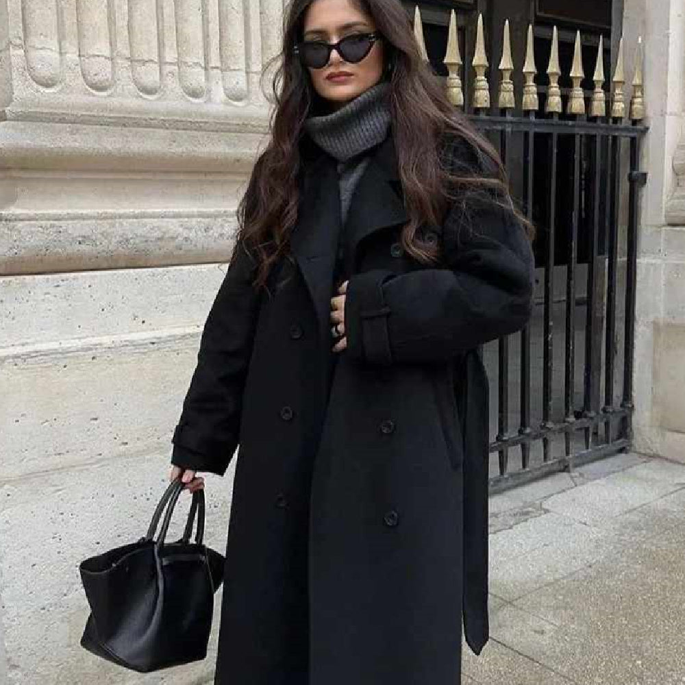 Abrigo grande de lana con cinturón de moda para mujer