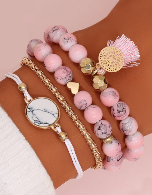 Load image into Gallery viewer, Pink Bohemian Heart Marble Bead Tassel Bracelet
