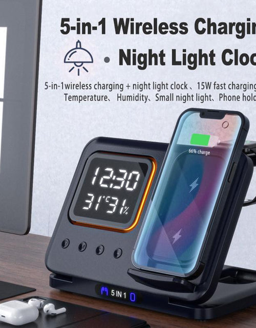 Load image into Gallery viewer, 15W Wireless Chargers Stand 5 In1 LED Digital Alarm Clock Fast Charging Dock Station
