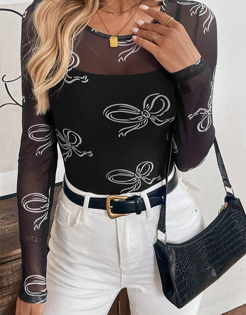 Load image into Gallery viewer, Black Bow Print Long Sleeve Mesh Top
