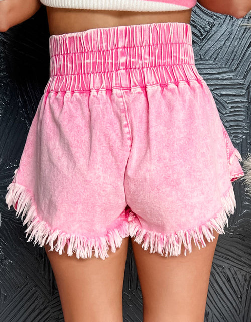 Cargar imagen en el visor de la galería, Pink Washed Smocked Waistband Frayed Denim Shorts
