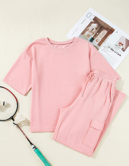 Load image into Gallery viewer, Apricot Pink Half Sleeve T-Shirt &amp; Cargo Sweatpants Set
