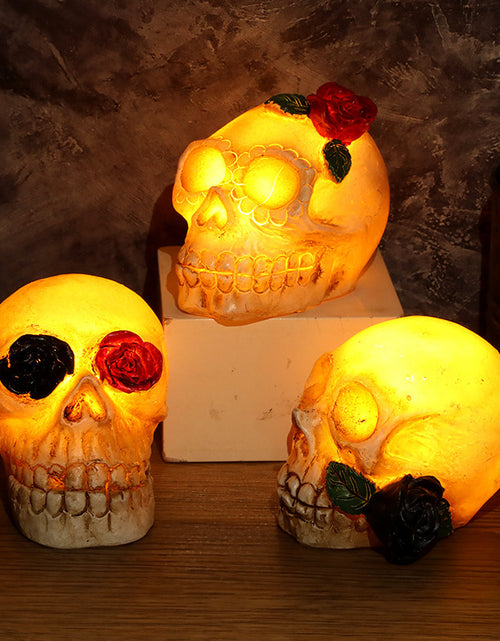 Load image into Gallery viewer, Skull Lamp Resin Ghost Skeleton Head LED Electronic Candle Light Haunted House Halloween Party Scene Props Lamp
