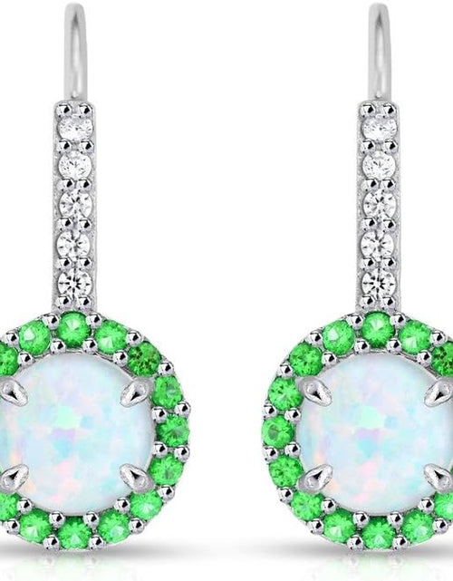 Load image into Gallery viewer, Sterling Silver Synthetic White Opal &amp; Simulated Gemstone round Halo Leverback Earrings
