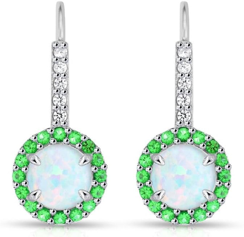 Sterling Silver Synthetic White Opal & Simulated Gemstone round Halo Leverback Earrings