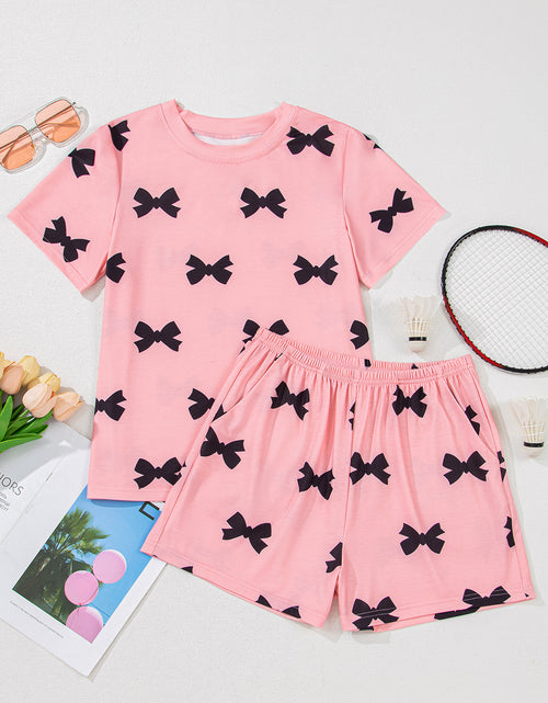 Load image into Gallery viewer, Pink Allover Bow Print Pockets Cropped Pajama Set
