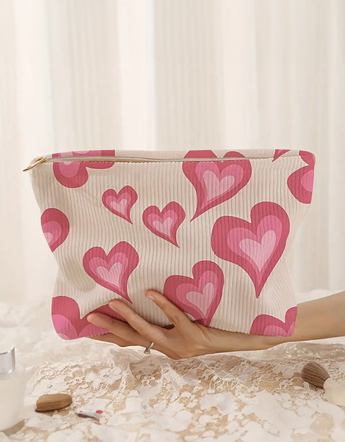 Load image into Gallery viewer, White Heart Pattern Corduroy Makeup Bag
