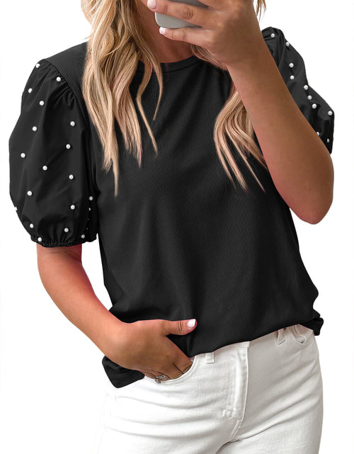 Load image into Gallery viewer, Bright Pink Pearl Beaded Puff Sleeve Ribbed Top
