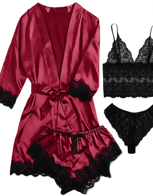 Load image into Gallery viewer, Sexy Lingerie,  Silk Satin Pajamas for Women, Womens Summer Pajamas Pjs Sets of 4 Pcs with Floral Lace Top Shorts and Robe, Gift for Women, Deep Green, M
