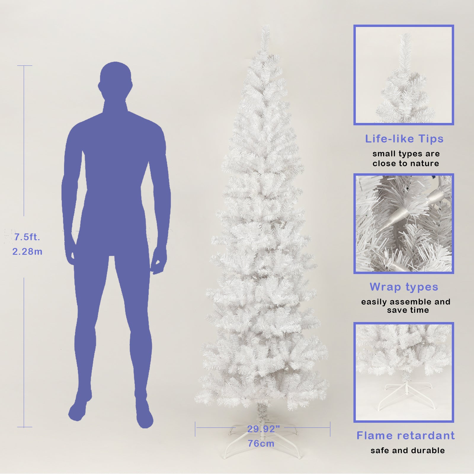 7,5 Fuß schlanker weißer künstlicher Weihnachtsbaum inklusive faltbarer Metallständer
