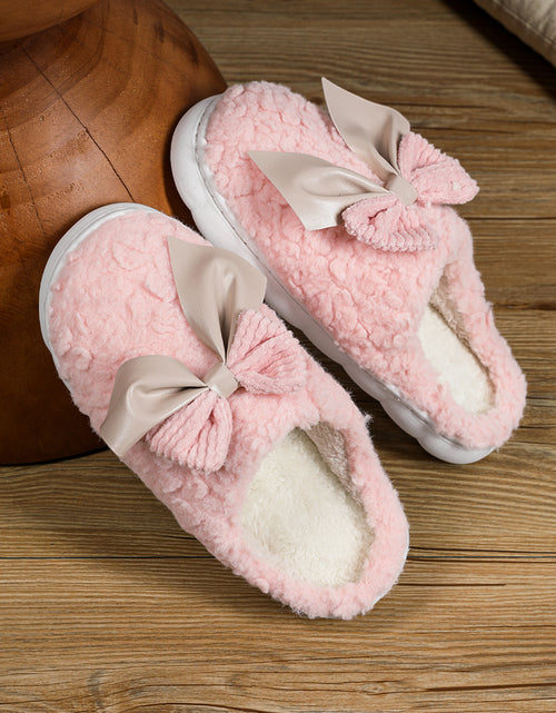 Bild in Galerie-Viewer laden, Pink Contrast Bowknot Applique Plush Winter Slippers
