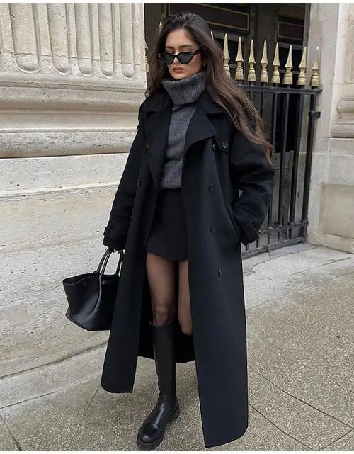 Cargar imagen en el visor de la galería, Abrigo grande de lana con cinturón de moda para mujer
