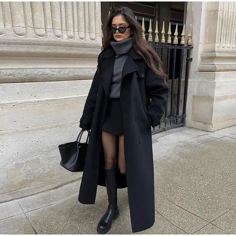 Abrigo grande de lana con cinturón de moda para mujer