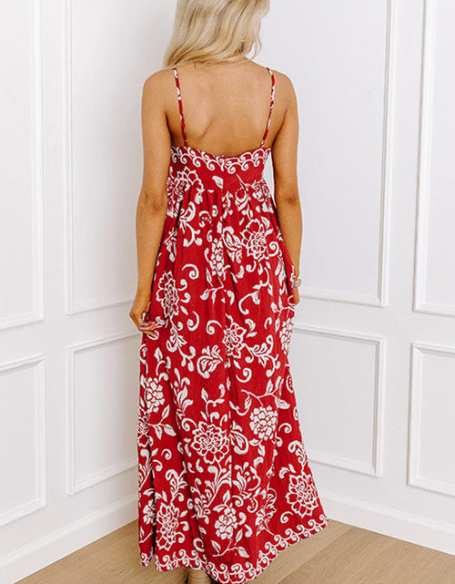 Load image into Gallery viewer, Red Floral Print Spaghetti Strap Empire Waist Maxi Dress
