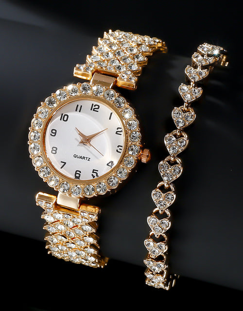 Cargar imagen en el visor de la galería, Conjunto de 2 piezas de joyería de moda de lujo para mujer, reloj de pulsera de cuarzo con correa plateada, pulsera de aleación para mujer, conjunto de joyería, reloj de regalo
